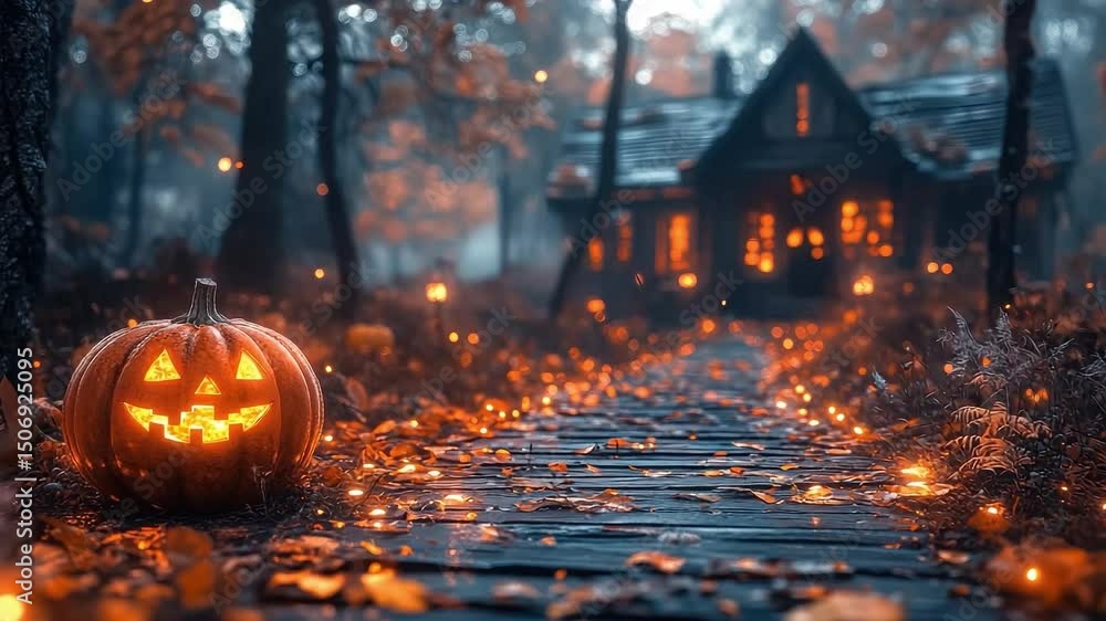 Poster pumpkin with a smiley face on it is on a path in front of a house. the scene is set in a forest and 