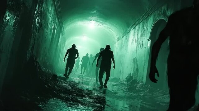 Group of zombies are walking through a dark tunnel. Scene is eerie and unsettling