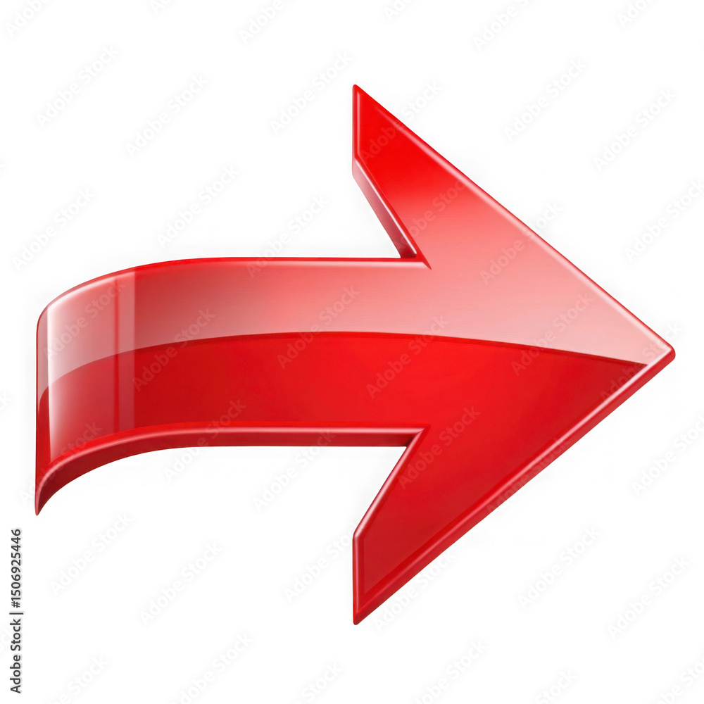 Poster glossy red arrow pointing right with reflection and shadow on an isolated transparent background