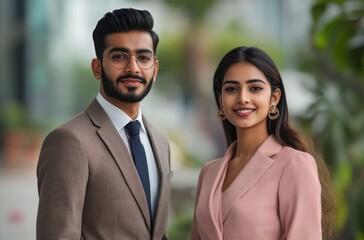 Professional Indian male and female standing side by side, formal outfits