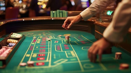 Casino dealer placing chips on craps table, bustling background
