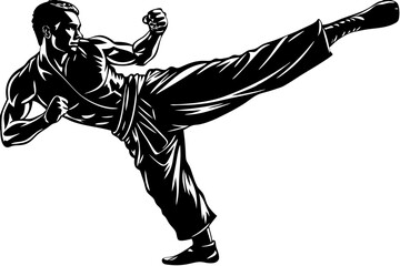 Fototapeta premium Powerful Martial Arts Silhouette Dynamic Kick Illustration, martial, arts, silhouette, kick, powerful, intense, impact, visual, tattoo, legend, practice, skill, determination, pose, strength, champion