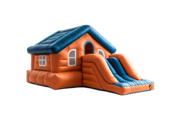 Orange inflatable playhouse with blue roof and attached slide for children, isolated on a transparent background