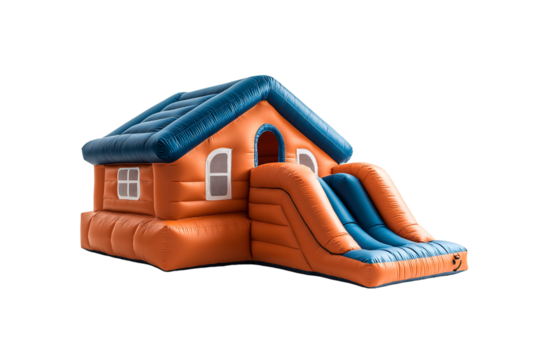 Orange inflatable playhouse with blue roof and attached slide for children, isolated on a transparent background