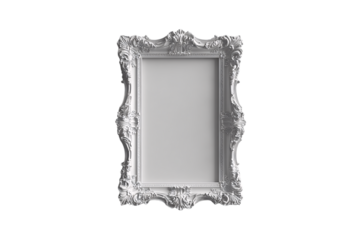 Ornate silver baroque picture frame with elaborate scrollwork and carved details, rectangular in shape, isolated on a transparent background