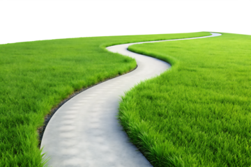 winding asphalt path through green grass isolated on white background