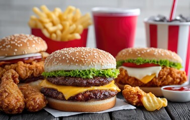 A full table of fast food items on a black wooden surface against a white background, with ample copy space