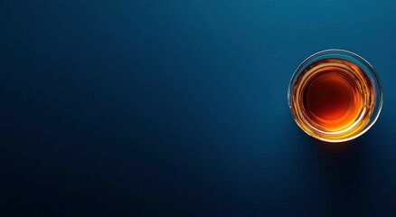 Amber Liquid in Glass: Minimalist Dark Blue Still Life
