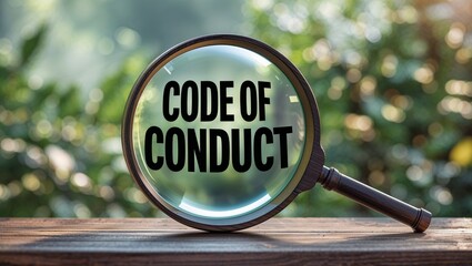 A magnifying glass focuses on the words Code of Conduct placed on a wooden table with a blurred nature background, symbolizing ethics, transparency, and corporate responsibility