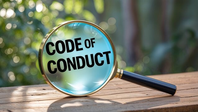 A magnifying glass placed on a wooden surface highlighting the words Code of Conduct with a bokeh nature background, representing ethics, workplace policy, and transparency