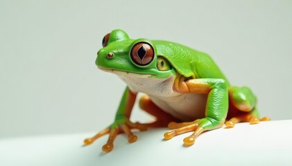 Green tree frog perched on white, vibrant skin, exotic, legs, jumping