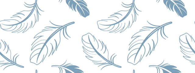 Seamless pattern of light and dark blue feathers on white background, perfect for textile prints, wrapping paper, stationery design, boho style themes, and soft decorative illustrations.   © Sk