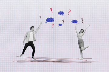 Exclusive artwork banner creative collage of two happy girl guy stand bubble communication...