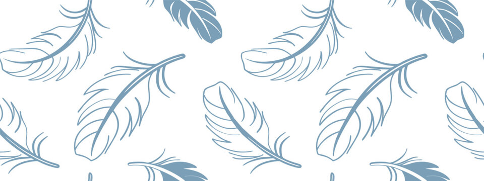 Seamless pattern of light and dark blue feathers on white background, perfect for textile prints, wrapping paper, stationery design, boho style themes, and soft decorative illustrations.

