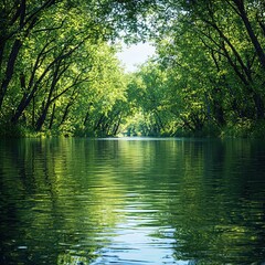 Serene River Landscape Surrounded by Lush Green Trees and Clear Water Under a Bright Blue Sky