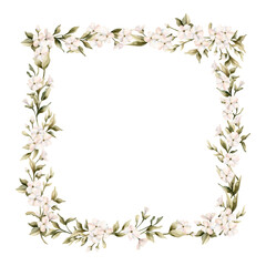 Naklejka premium White small flowers with leaves frame. Jasmine, orange, apple blossom. Watercolor cute floral isolated illustration