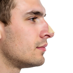 Fototapeta premium Rhinoplasty Results: Male Patient Profile View, Nasal Dressing isolated on transparent background