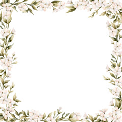 White small flowers with leaves frame. Jasmine, orange, apple blossom. Watercolor cute floral isolated illustration