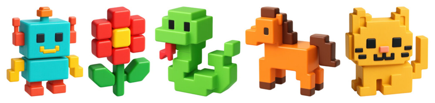 PNG Colorful pixelated toy characters, element set on transparent background