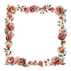 Rose flower frame. Dusty pink garden flowers round arrangement. Watercolor hand painted floral isolated illustration