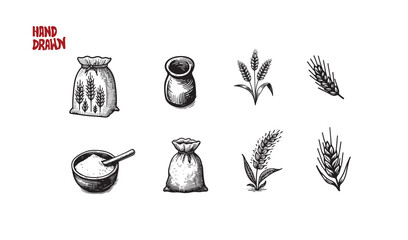 hand-drawn rice, rice flour, package, rice powder, sheaf of paddy