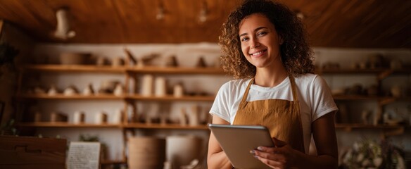 The artisan woman using a tablet in a creative pottery workshop.