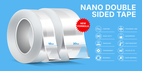 Reusable Transparent Nano Double-Sided Gel Tape. Photorealistic Vector Roll with Icons. Soft Sticky Silicone Tape for Wall, Craft, Home and Office Use