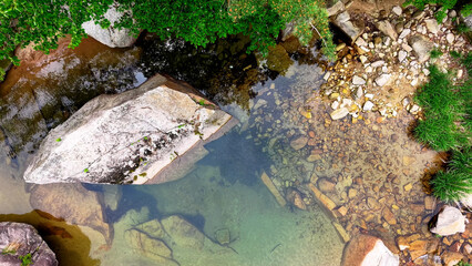 Aerial Drone Footage of a Clear Mountain Stream Flowing Through Mungyeong Countryside in Late Spring and Early Summer, Korea