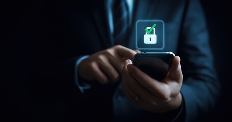Un homme d'affaires, portant un costume, tenant un smartphone avec un symbole de sécurité virtuelle au dessus de l'écran et une icône de cadenas déverrouillé vert symbolisant l'accès aux données.