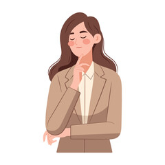 A businesswoman dressed in a smart business suit. Her face expression reflects contemplation. Manager career, flat cartoon style. Vector illustration isolated on white.