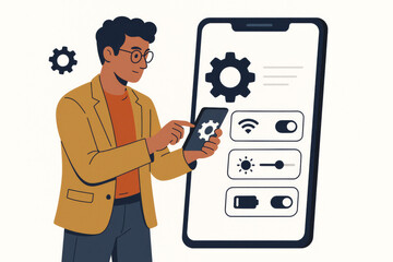 Man adjusting smartphone settings control panel interface. Mobile device configuration management. Digital technology user customization preferences system options menu display vector