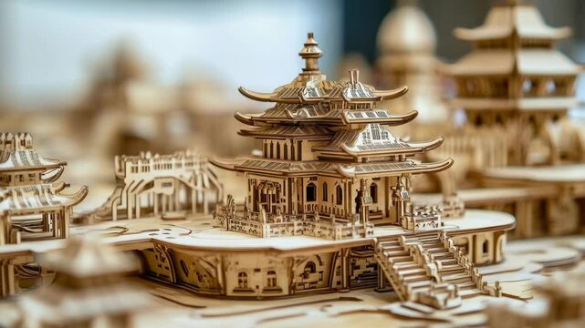 Detailed Close-Up of an Intricate Wooden Architectural Model Miniature