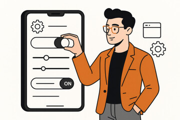 Professional businessman adjusting smartphone mobile phone settings interface controls toggle switches. Digital app configuration technology user experience management