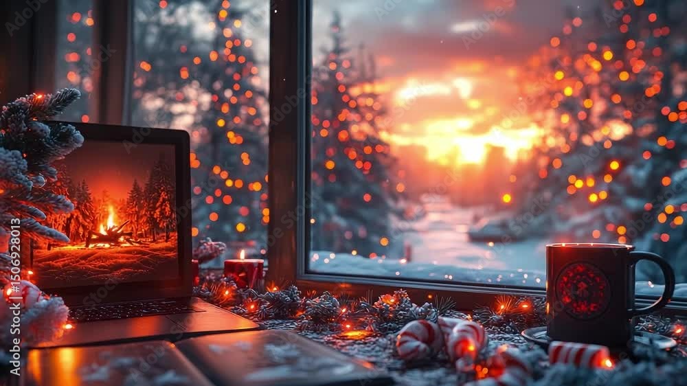 Aufkleber laptop is open on a table with a cup of coffee and a bowl of candy. the scene is set in a cozy cabin