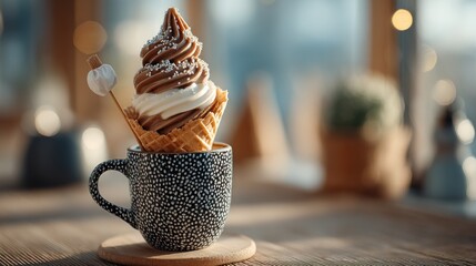 Delicious swirl of vanilla and chocolate ice cream in a waffle cone on cup