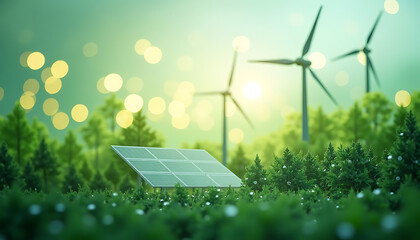 Solar Panel and Wind Turbine in Green Landscape