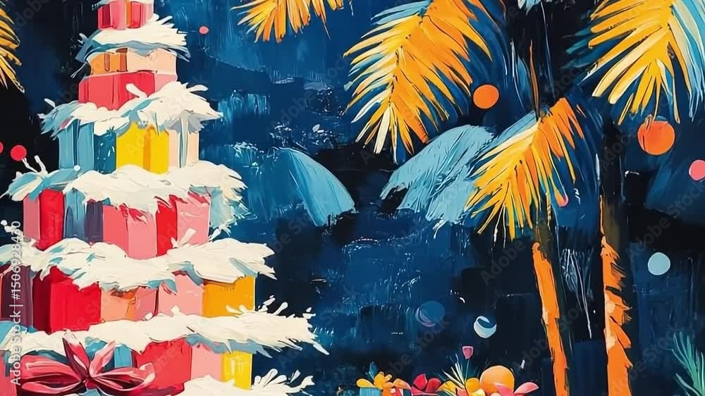 Poster painting of a christmas tree with a star on top and presents underneath. the tree is surrounded by p