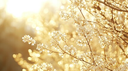 Naklejka premium Golden sunset illuminates blooming branches, bokeh background, spring nature scene, website banner