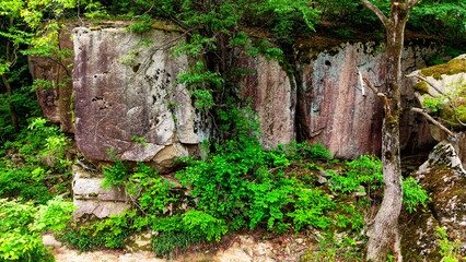 Aerial Drone Footage of a Clear Mountain Stream Flowing Through Mungyeong Countryside in Late Spring and Early Summer, Korea