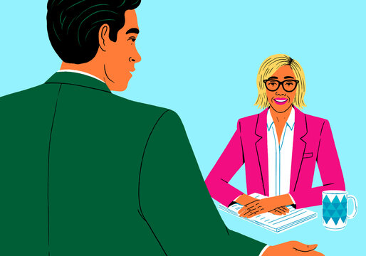 Illustration of a job interview with a candidate and interviewer in an office setting