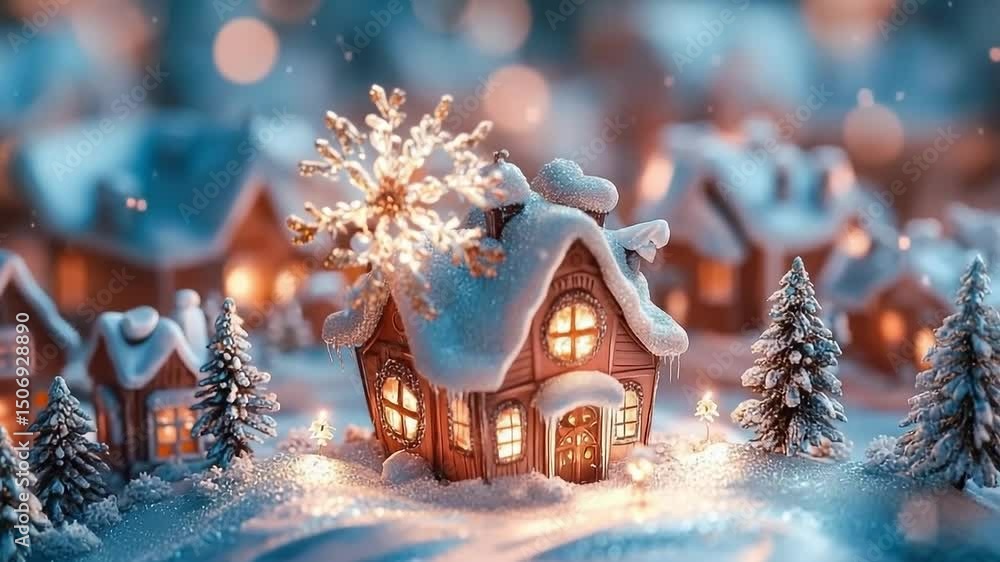 Poster small village with a house in the middle surrounded by trees and snow. the house is lit up and has a