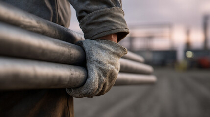 Worker carries metal pipes