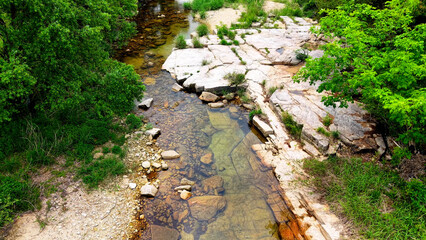 Aerial Drone Footage of a Clear Mountain Stream Flowing Through Mungyeong Countryside in Late Spring and Early Summer, Korea