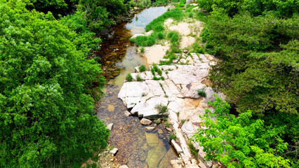 Aerial Drone Footage of a Clear Mountain Stream Flowing Through Mungyeong Countryside in Late Spring and Early Summer, Korea