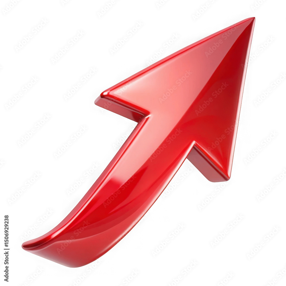 Poster glossy red arrow pointing upward on a black isolated transparent background concept of growth and pr