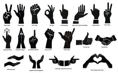Hand gestures, positions, signs. hands gesture illustrations, High quality graphics showcasing human interaction, expression Silhouette