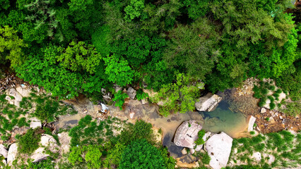 Aerial Drone Footage of a Clear Mountain Stream Flowing Through Mungyeong Countryside in Late Spring and Early Summer, Korea