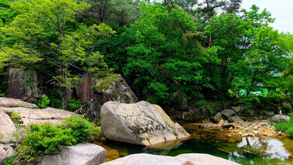 Aerial Drone Footage of a Clear Mountain Stream Flowing Through Mungyeong Countryside in Late Spring and Early Summer, Korea