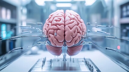 Lab Brain Research Wired human brain model in futuristic lab, medical study background