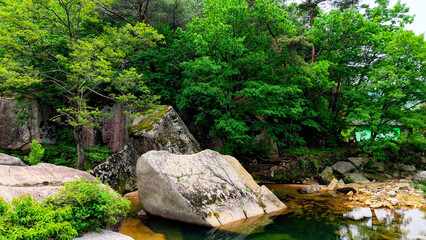 Aerial Drone Footage of a Clear Mountain Stream Flowing Through Mungyeong Countryside in Late Spring and Early Summer, Korea